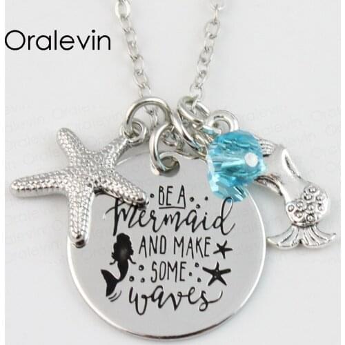Wholesale BE A MERMAID AND MAKE SOME WAVES Engraved Disc Pendant Charms Necklace Lover Gift Jewelry 10Pcs/Lot,#LN109
