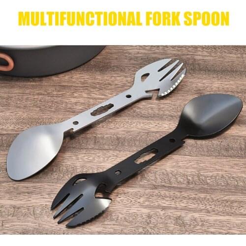 Outdoor Camping Multi-function Tableware Tool Sets Fork Spoon Bottle Can Opener Practical Fork Camping Safety Survival Kit