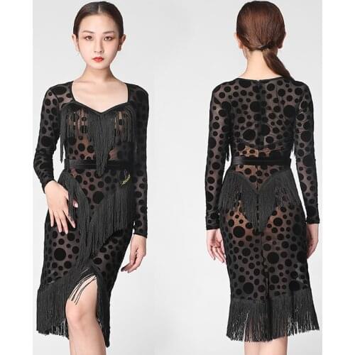 Latin Dance Dress Female Adult Black Polka Dot Tassel Competition Clothing Tango Salsa Cha Cha Samba Rumba Show Wear DNV13707