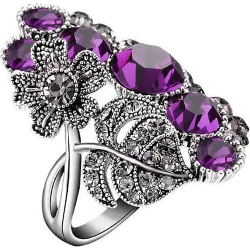 Retro Thai Silver Color Baroque Purple White Rhinestone Flower Rings Animal Indian Style Jewelry for Women Wedding Rings