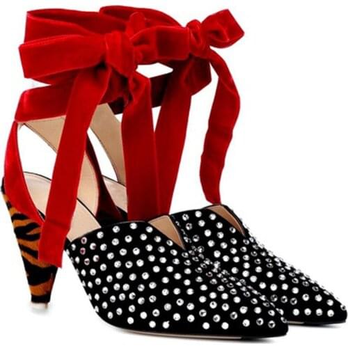 Roman Style Metal Rivets Studded Spike Heels Sandals Female Gladiator Zebra Striped High Heels Red Velvet Lace Up Sandals Bott