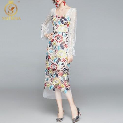 SMTHMA 2021 New Fashion Runway Spring Dress Womens Lace Flare Sleeve Vintage Temperament Mesh Embroidery Flower Vestidos