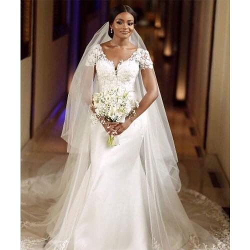 YiMinpwp Mermaid Wedding Dresses With Oveskirt V Neck Short Sleeve Sweep Train Appliques Garden Bridal Gowns vestidos de novia