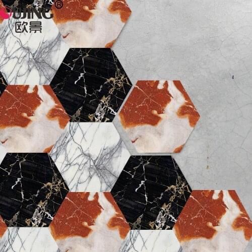 Three-color Mixing Marble Pattern Hexagon Twill Tiles Floor Wall Sticker Kitchen Bathroom Non-slip Mat Waterproof Tile Art Mural