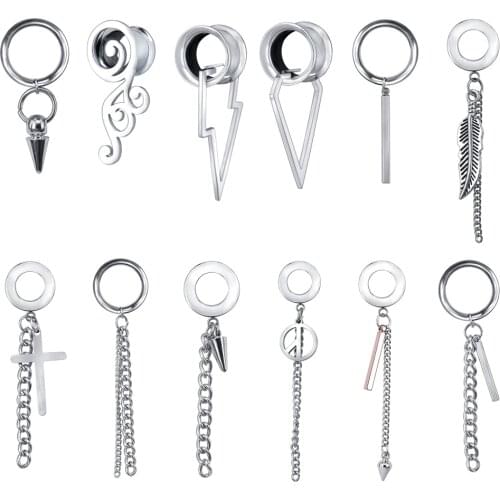 ZS 5-20mm Stainless Steel Ear Tunnel Plugs 2PCS Cross Tassel Pendants Ear Expansion Flesh Body Piercing Jewelry for Women