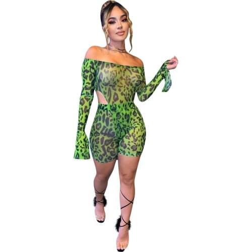 Green Printed Skinny One Piece Club Outfits Women Bodysuits Flare Long Sleeve Swimsuit + Shorts Pants Vintage Casual Best Match