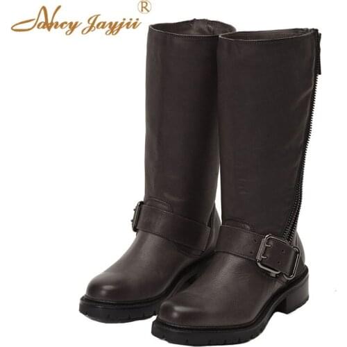 Female Med-Calf Boots Black Lady Adult Shoes Med Square heel Round Toe Zipper Buckle Spring/Autumn Mature Elegant Fashion 2019