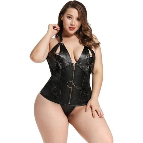 Front Zip Halterneck Gothic Bustier Corset women waist trainer Steampunk Corset plus size bodysuit with G-strings sexy lingerie