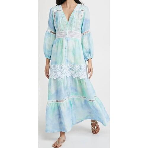 Bohemian Blue Color Hollow Out Women Long Dresses Lantern Sleeves Casual Vestido De Mujer Strawberry Dress For Lady Clothing