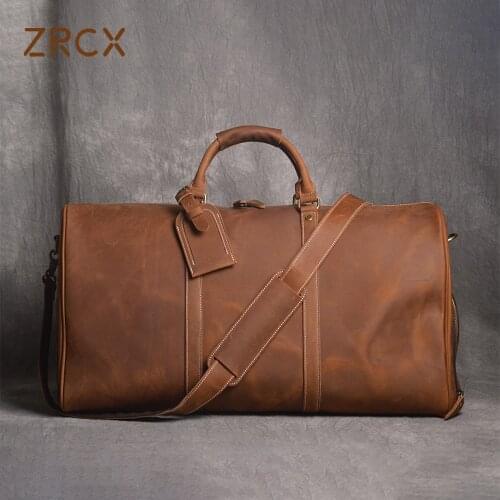 ZRCX Vintage Mens Travel Bag Geunine Leather Large Capacity Single Shoulder Messenger For 15 Inch Laptop With Shoe Bag