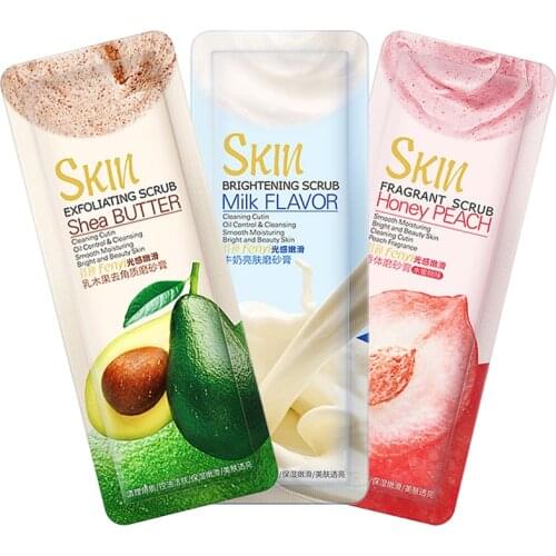 50PCS Bagged Shea Butter / Milk / Honey Peach Essence Deep Cleansing Scrub Exfoliating Oil Control Peeling Skin Care Shower Gel