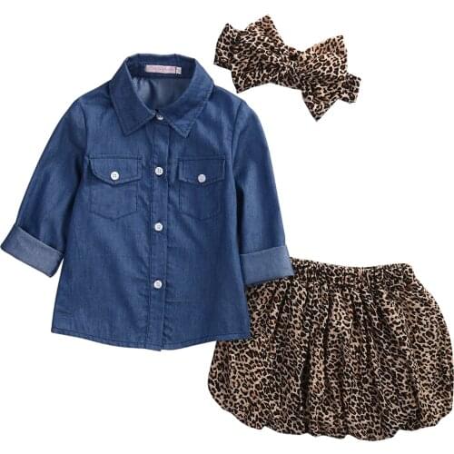 2017 new hot 3PC Toddler Baby Girls long sleeve denim shirt+Leopard skirt+headband Kids Clothes set