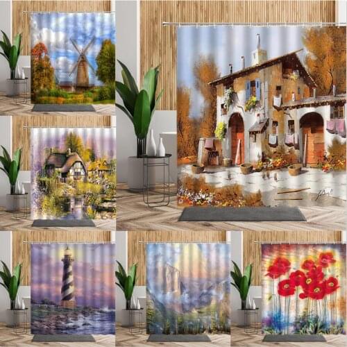 Europe Oil Painting Shower Curtain Forest Floral Plant Lake Tree House Printed Fabric Woods Flower Scenery Bathroom Curtains Set