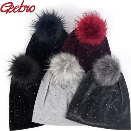 Geebro Winter Womens Pom Pom Rhinestones Beanie Hat and Neck Scarves Casual Velvet Beanies Hat With Faux Fur PomPom Caps