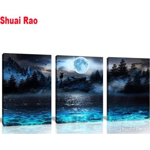Blue Sea Beach Diamond Painting Modern Triptych Deer Mountain Wall Art Nordic Picture Diamond Mosaic 3 Piece Living Room Decor