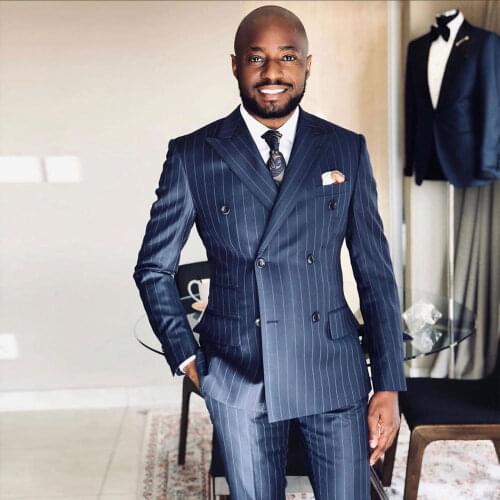 Handsome Navy Vertical Stripe Mens Suit Peaked Lapel For Wedding Blazers Male Tuxedos Double Breasted Prom Jackets With Pants