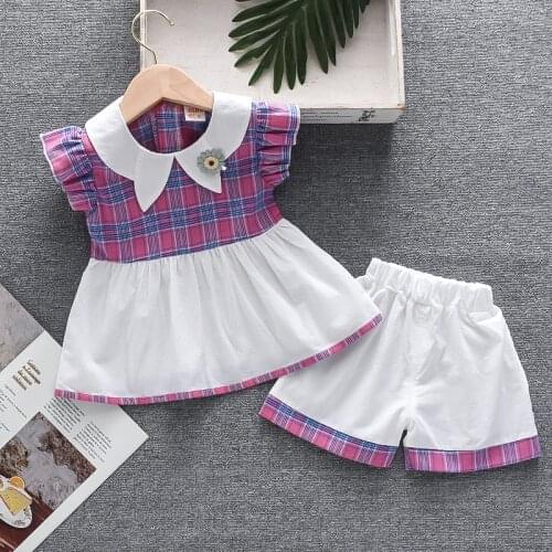 2021 Summer Baby Girls Clothes Clothing Splicing Lattice Flare Sleeve T-Shirt Tops+Shorts 2 PC/Sets Princess Casual Kids Outfits