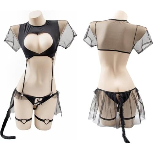 Cute Girl Black Mesh Perspective Heart Open Crotch Lingerie Set Lolita Cat Tail Underwear Catwomen Cosplay Uniform DropShip