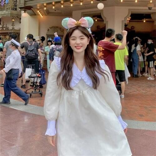 Sweety College Style Dress Woman Kawaii Peter Pan Collar Cute Puff Sleeve Ruffles Jacquard A-Line Princess Dresses For Female