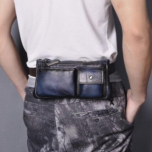 Fashion Blue Genuine Leather Unisex Cross-body Sling Bag Design Casual Travel Cigarette Case Fanny Waist Belt Bag Pack 811-29