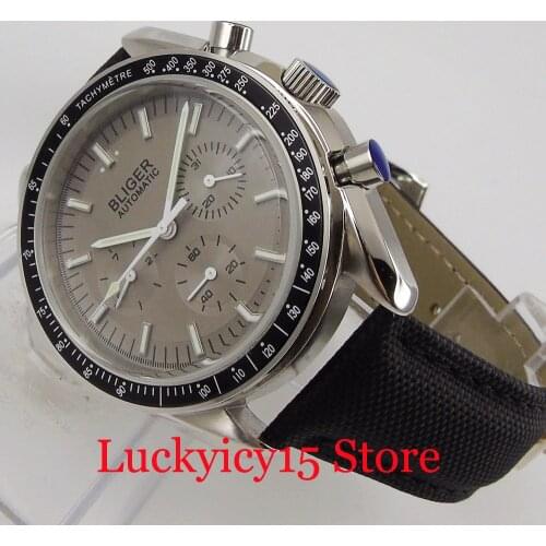 BLIGER Brand Men Watch Automatic Men Movement Date Week Function Leather Band Grey Dial Round Case