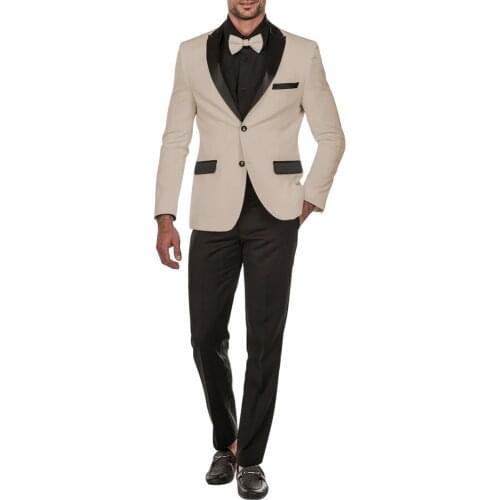 New Style Men Suits Beige and Black Groom Tuxedos Peak Lapel Groomsmen 2 Pieces Wedding Best Man ( Jacket+Pants+Tie ) C993