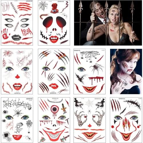 Metable 90pcs Day of the Dead Makeup Stickers Skull Scar Spider Skeleton Blood Vessels for Men Women Adult Kid halloween Party