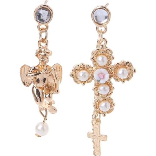 2021 New Golden Cross Angle Wing Imitation Pearl Pendant Drop Earrings For Women Jewelry