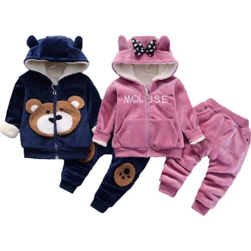 Thicken Plush Warm Baby Boys Girls Clothing Set Winter Bear Mouse Clothing Sets For Girls Hooded Jacket And Pants Kids Suit