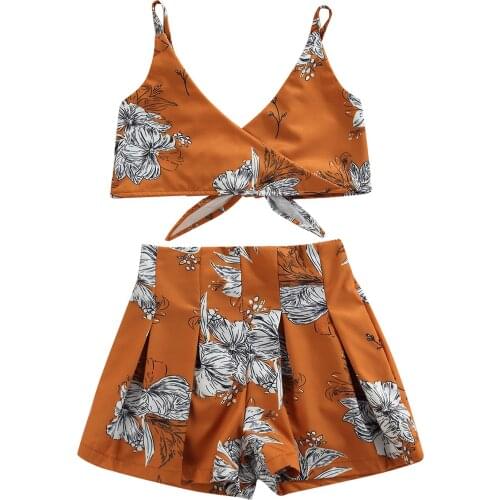 1-6 Years Girls Floral Print Clothes Set Sleeveless V-neck Lace-up Cropped Tops + Short Pants Kids Summer Outfits