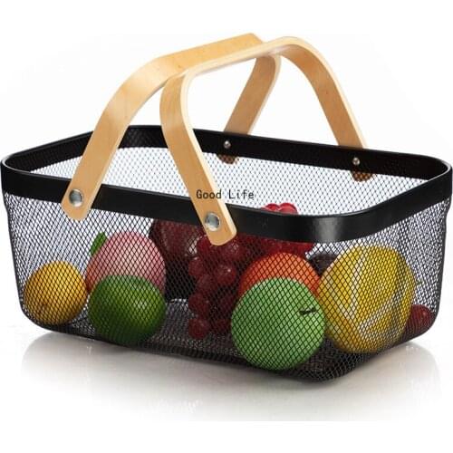 Rectangle Metal Storage Basket Office Sundries Finishing Iron Baskets Dressing Table Wooden Handle Cosmetics Organizer Basket