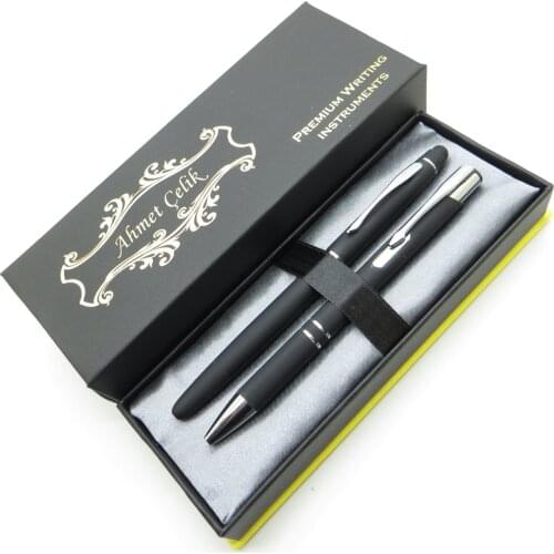 Wings Dual RT258 Matte Black Chrome Roller Pen + Ballpoint Pen Set | İsme Special Pen | Gift Pen Set