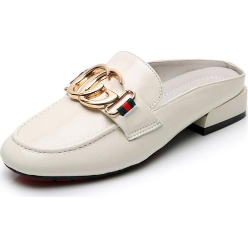 Grain Leather Fluffy Muller Lazy Sandals Shoes Fashion Square Toe Women Slippers Size 35-43