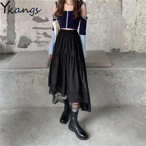 Dark Academia 3-Layer Mesh Lace Tull Skirt Black Gothic Stitching Irregular Pleated Skirt Women White 2021 High Waist Long Saia