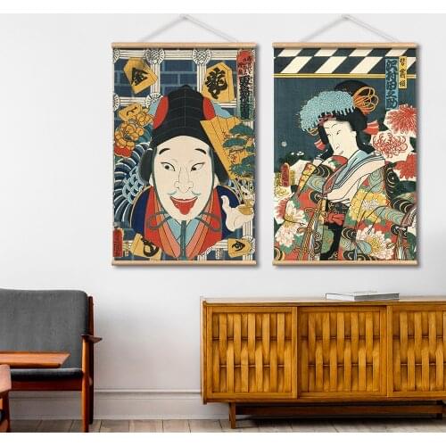 Japanese Ukiyoe Officer Scroll Canvas Painting Wall Art For Living Room Vintage Character Scroll Poster With Wooden Hanger