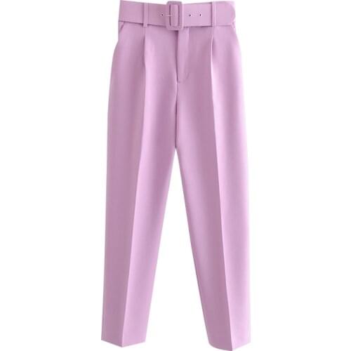 2021 New Women Chic Fashion High Waist With Belt Pants Vintage Zipper Fly Pockets Office Wear Female Ankle Trousers Mujer