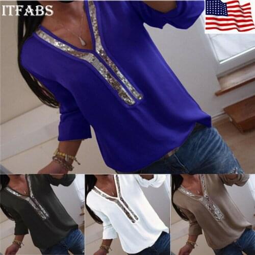 Plus Size Women Sequins Loose Shirts Casual Lady Long Sleeve V-Neck Pullover Tops Shirts Fashion Patchwork Tops Women Clothes