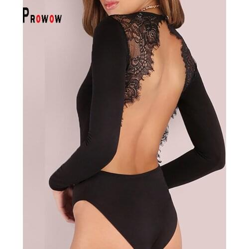 Prowow Sexy Backless Women Bodysuits Black Lace Flower Corset Top Clothes Long Sleeve Basic Female Bodycons Outfits Rompers