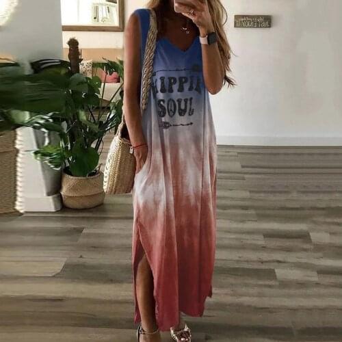 Casual Sprts Loose Straight Long Dress Women Ladies V-neck Tie-dye Print Split Sleeveless Maxi Dress Summer Pocket Vestidos