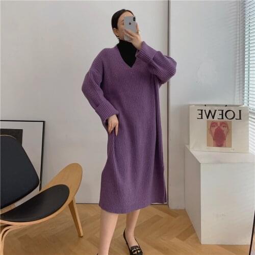 [ZAYAU]V-neck Knitted Dress womens Inner Temperament Autumn and Winter New Medium Length Style is Thin and Loose at the Bottom
