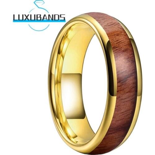 Gold 6MM Tungsten Rings For Men Women Real Wood Inlay Engagement Wedding Bands Polished Finished Comfort Fit