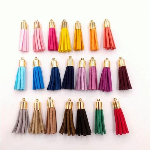 30Pcs/Lot 35mm Gold Top Leather Tassel For Keychain Cellphone Straps Fringe Suede Tassel DIY Pendant Summer Jewelry Findings