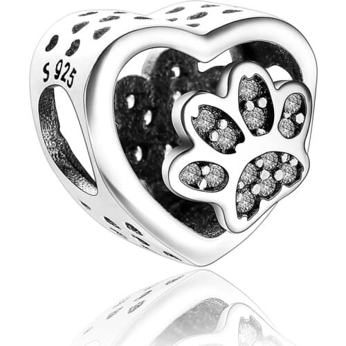 925 sterling silver jewelry pendant heart cat print charm zircon beads fit pandora bracelet silver jewelry accessories for women