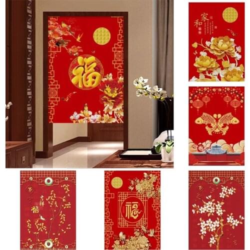 Chinese Style Cloth Curtain Bedroom Kitchen Door Curtain Doorway Hanging Curtain Without Punching Half Panel Curtain