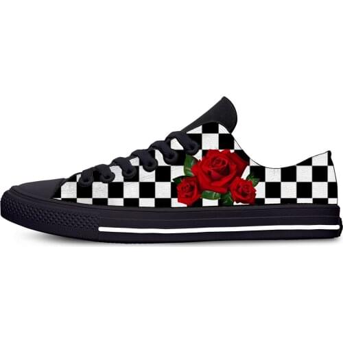 Black and white squares Rose Flower Funny Casual Cloth Shoes Low Top Lightweight Breathable 3D Print women Men Female Sneakers