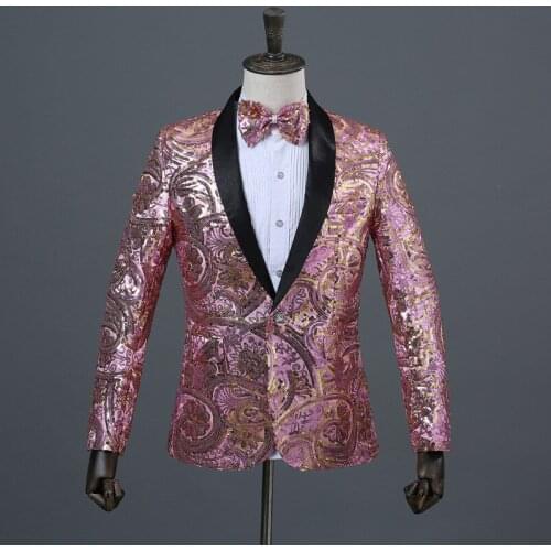 Shiny Floral Sequin Paillette Shawl Lapel One Button Suit Blazer Men Nightclub Wedding Stage Prom DJ Suit Blazer With Bow Tie