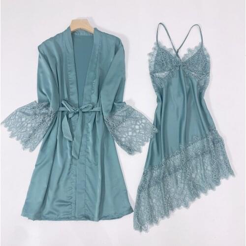 Lace Perspective Sleepwear Sexy Robe Set Female V-Neck Nightgown Satin Kimono Bathrobe Gown Summer Intimate Lingerie Nightwear