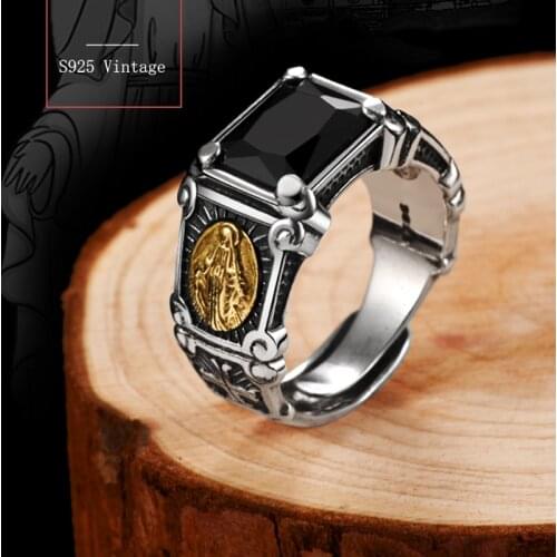 2021 New Vintage Bijoux Black Stone Ring Man Women Virgin Mary Finger Band Rings Cubic Zirconia Onyx Jewelry Open Size Anillo