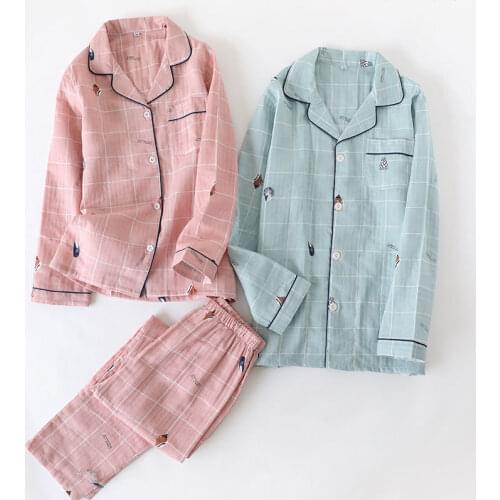 Japanese style new couple conch lattice pajamas set 100% cotton gauze ladies long sleeve trousers pajamas home service men loose