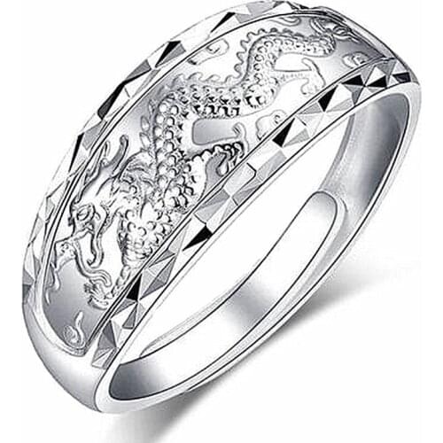 Unisex Creative Original Silver Color Inlaid Opening Adjustable Ring Men and Women Dragon and Phoenix Classic Trend Jewelry